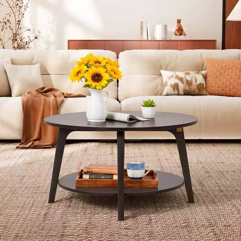 FDW Round Coffee Table with Storage 2-Tier Modern Wood Center Table for Living Room Bedroom or Office
