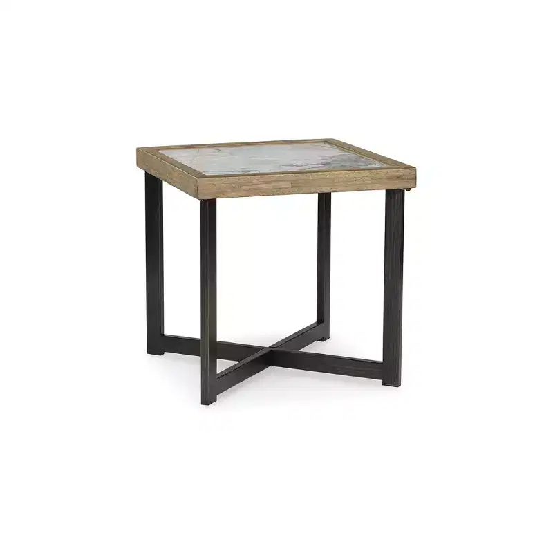Square End Table with Sintered Stone Top & Lower Shelf, Brown/Black, 25