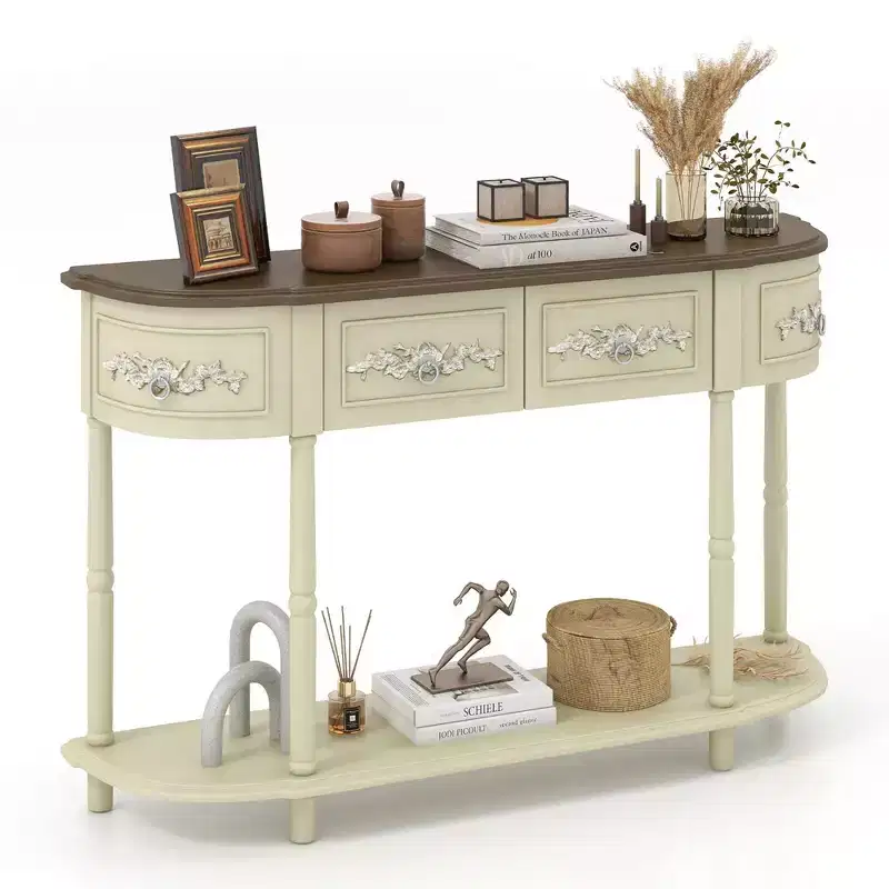 Costway 52 Long Sofa Table Retro Curved Console Table w/ Open Shelf Drawers Beige