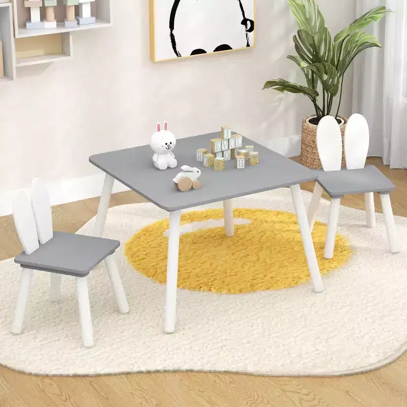 Costway 3 Pieces Kids Table & Chairs Set Children Wooden Furniture Set w/ Solid Wood Legs Gray