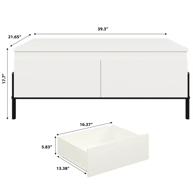 White Coffee Table with 2 Handle-Free Drawers & Open Storage Shelf, 39.3