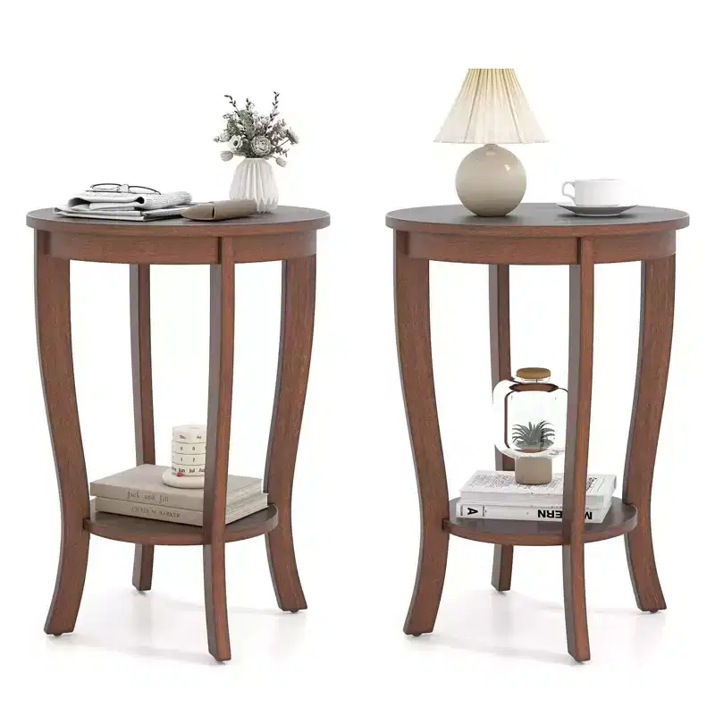 Costway 2 PCS 2-Tier End Table 18'' Round Compact Sofa Side Nightstand with Storage Shelf Espresso/White