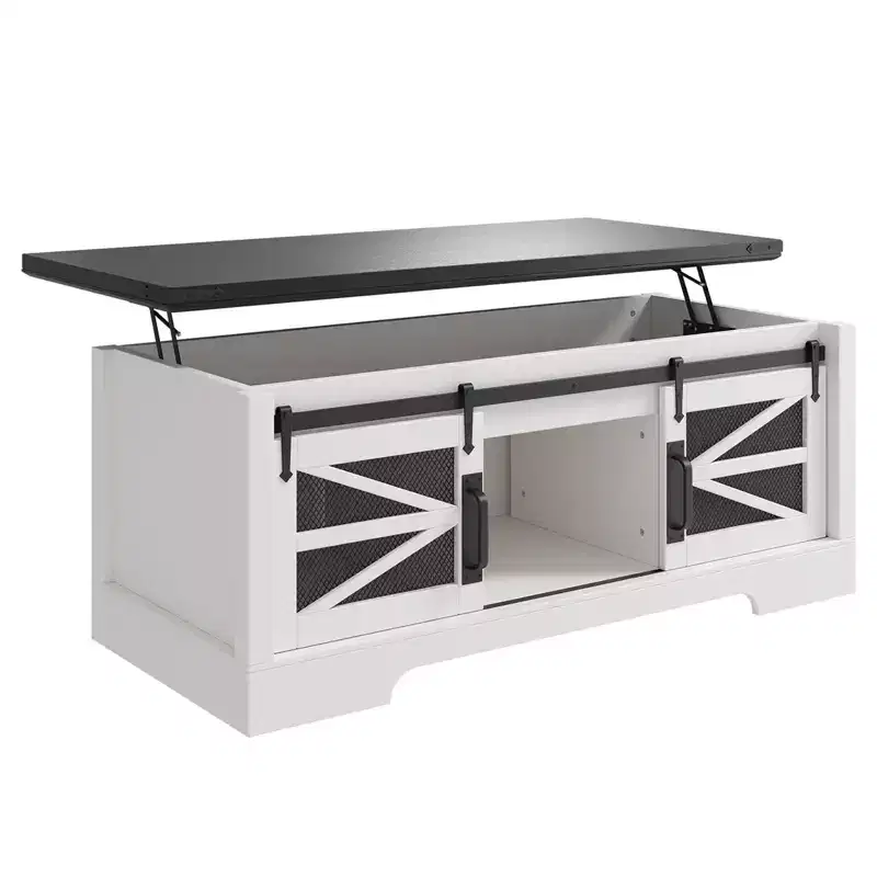 Coffee Table Lift Top with Storage, 47.2 Farmhouse Style with Sliding Barn Door & Hidden Compartment, 150LBS Capacity for Living Room Office