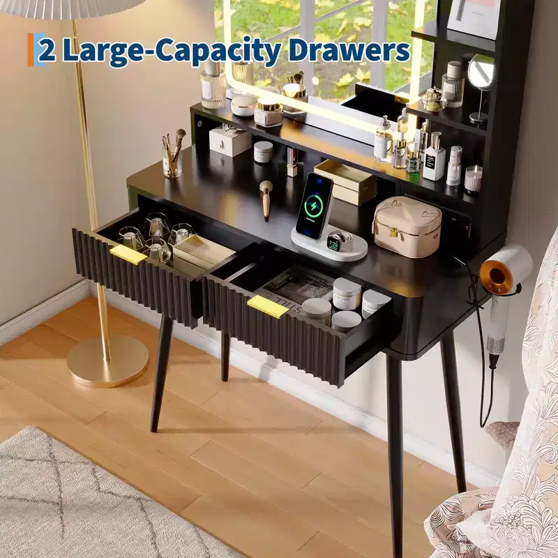 31.5 LED Makeup Vanity Desk with Mirror and 2 Drawers for Bedroom Storage and Organization
