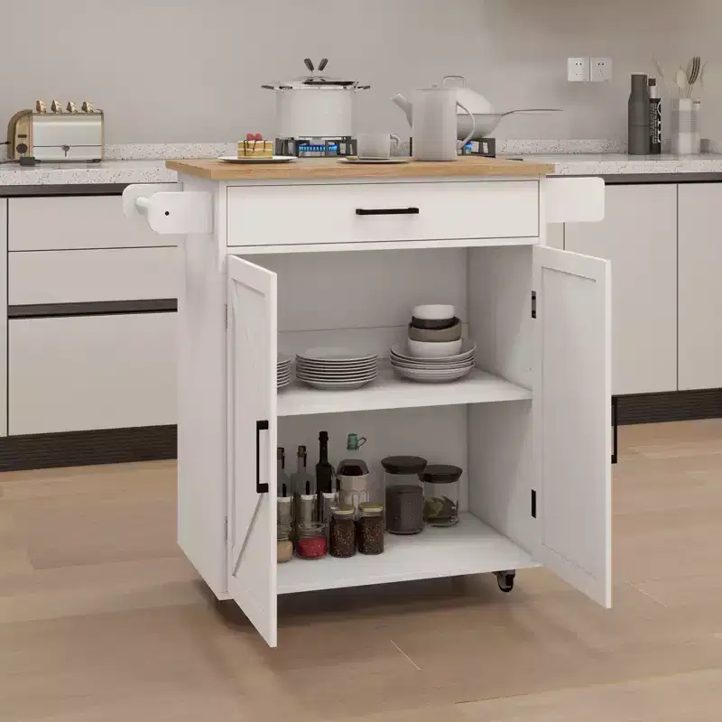 Rolling Kitchen Cart with Wooden Top, Drawer, Cabinet, and Towel Rack Mobile Island for Kitchen, Garage, or Office
