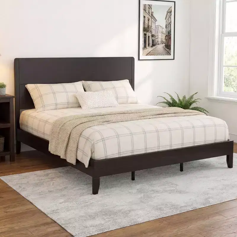 Dyonery Queen/King Size Solid Wood Bed Frame,Rustic Platform Bed with 50 Headboard,Wood Slats Support/Noiseless/No Box Spring Needed/Dark Brown