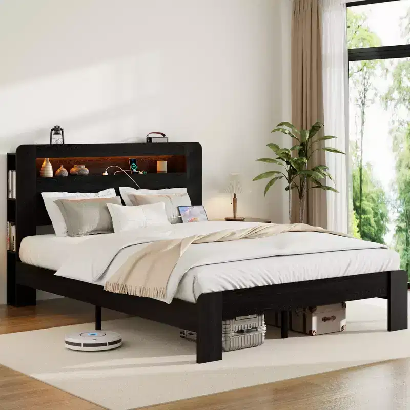 Full/Queen/King Size Platform Bed with LED Storage Headboard, Wood Platform Bed Frame with 2 USB, Large Under Bed Storage