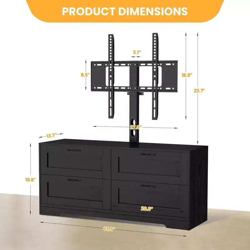 Black / White TV Stand with Adjustable Mount, 4 Drawers, Fits 32