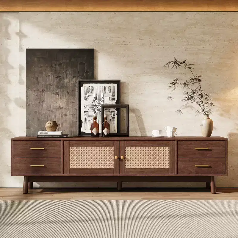 70-inch Mid-Century Modern TV Stand, suitable for TVs up to 80 inches, featuring roller shutters and recessed drawers, for the living room