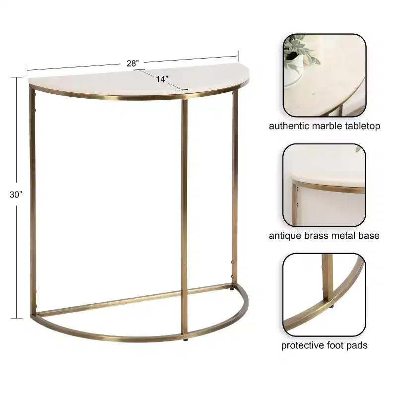 Kate and Laurel Dorrah Half-Circle Marble Console Table, 28x14x30, White