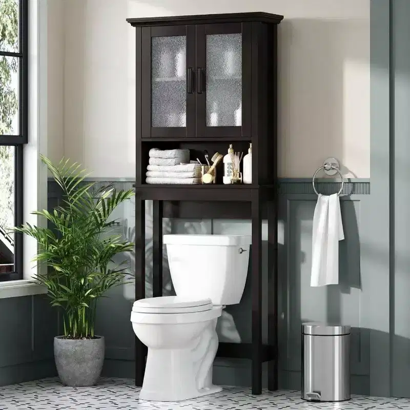 Over Toilet Storage Cabinet, Bathroom Organizer with Glass Doors and Adjustable Shelf, Thick Frame, Espresso Color