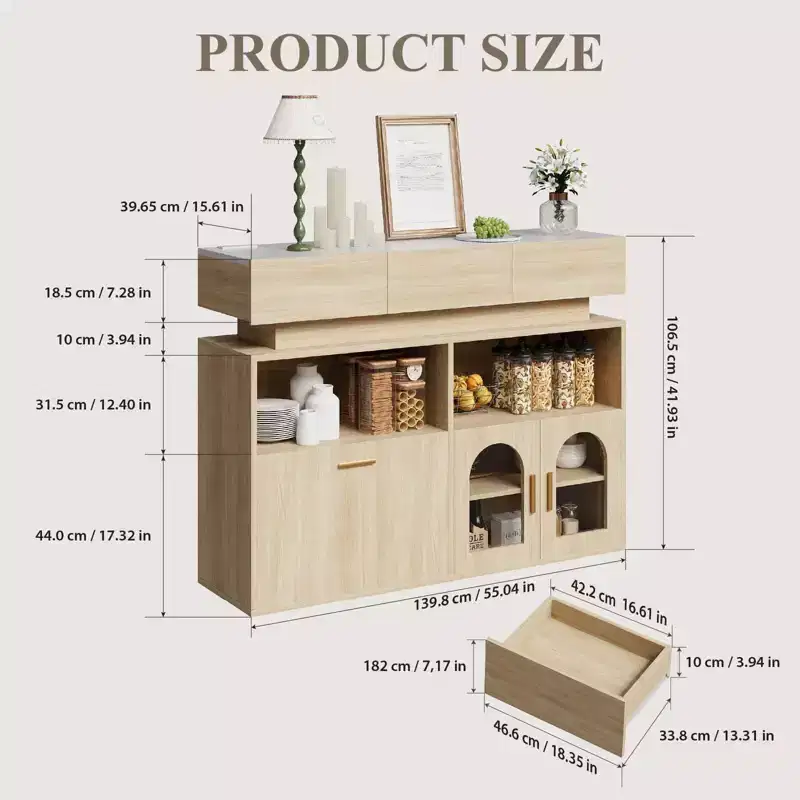 COZONY 55 Coffee Bar Cabinet with 3 Drawers & Charging Station, Kitchen Sideboard Buffet with Adjustable Shelf