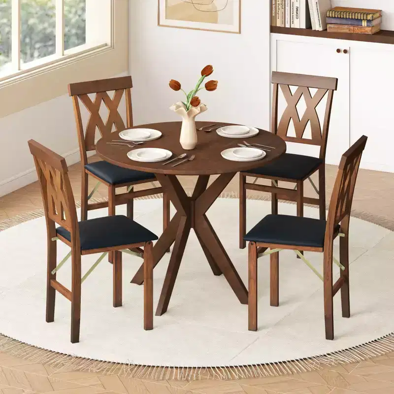 Costway Folding Kitchen Chairs Set of 2/4 with Rubber Wood Frame Padded Seat with PVC Leather White/Brown