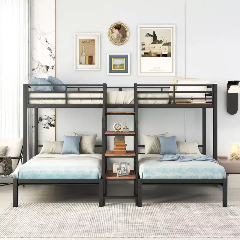 Okak Twin over Twin-Twin Triple Loft Bunk Bed with Storage Shelves Staircase Metal Frame Bed with Safety Full-Length Guardrail for Teens Kids