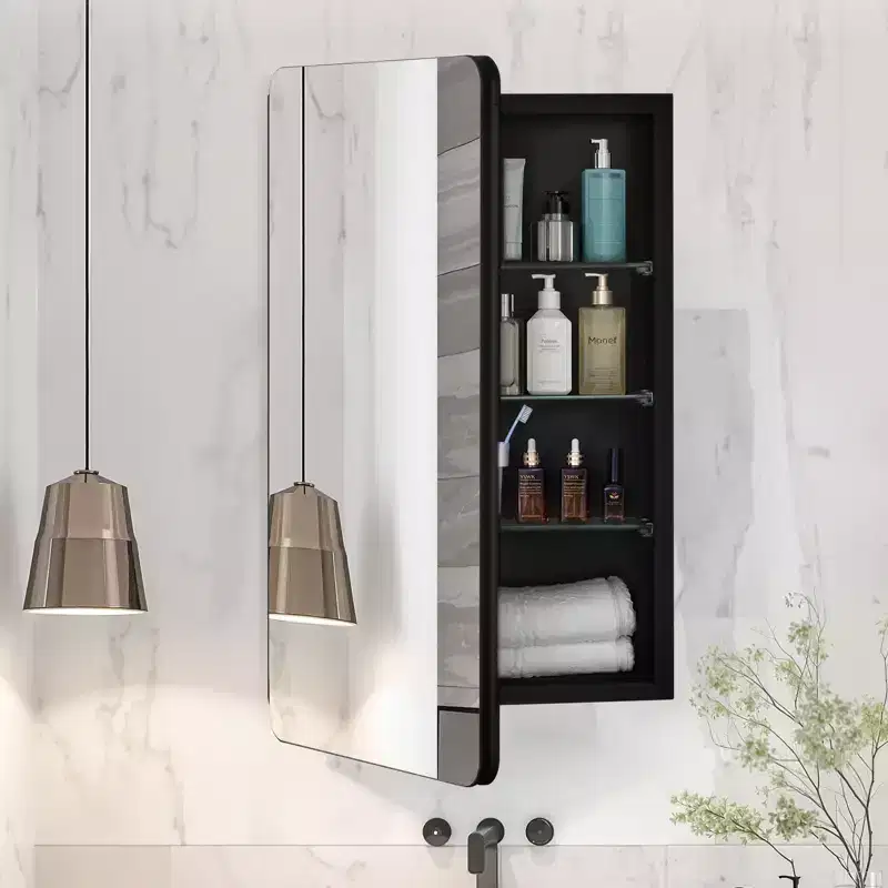 Medicine Cabinet, 16 x 24 inch, Aluminum Frame Bathroom Wall Cabinet, 2-layer Adjustable Shelves, Black