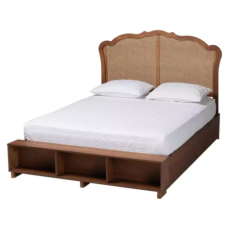 King Size Wood and Rattan Storage Bed - Walnut Brown