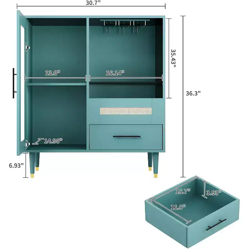 Green Cabinet with Glass Rack & Storage, 30.7 Modern Buffet Sideboard and Cabinet for Kitchen, Dining Room, Living Room