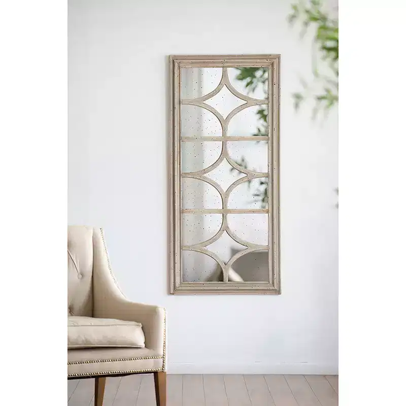 28 x 59 Inch Rectangular Wall Mirror with Distressed White Frame and Window Design