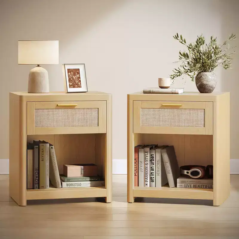 Boho Nightstands with Rattan-Look Drawer, End Tables with Open Compartment, Rounded Corners