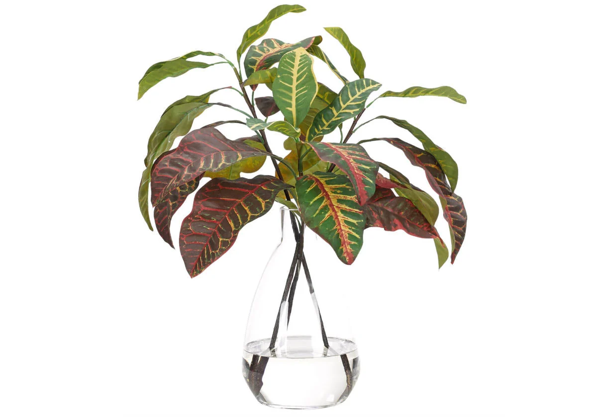Modern Synthetic Croton Plant with Clear Glass Vase for Living Room & Study