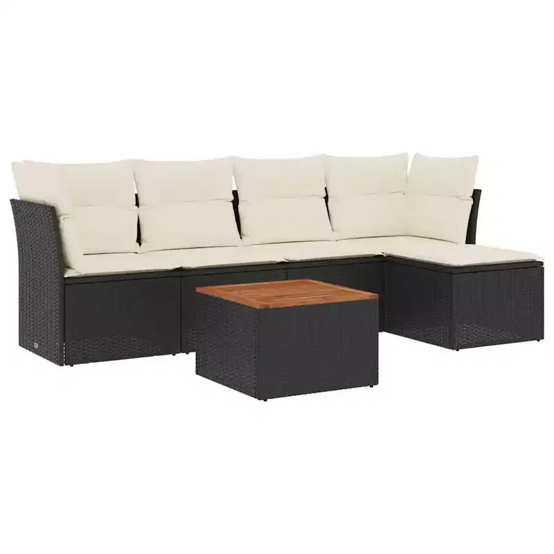 vidaXL 6 Piece Patio Sofa Set with Cushions Black Poly Rattan - Black and Cream