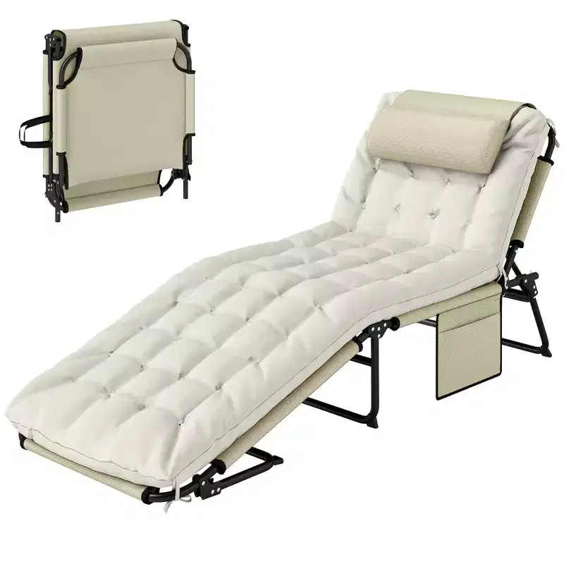 Folding Chaise Lounge Pool Chair with 4-level Reclining Back, Cushion, Side Pocket, Headrest