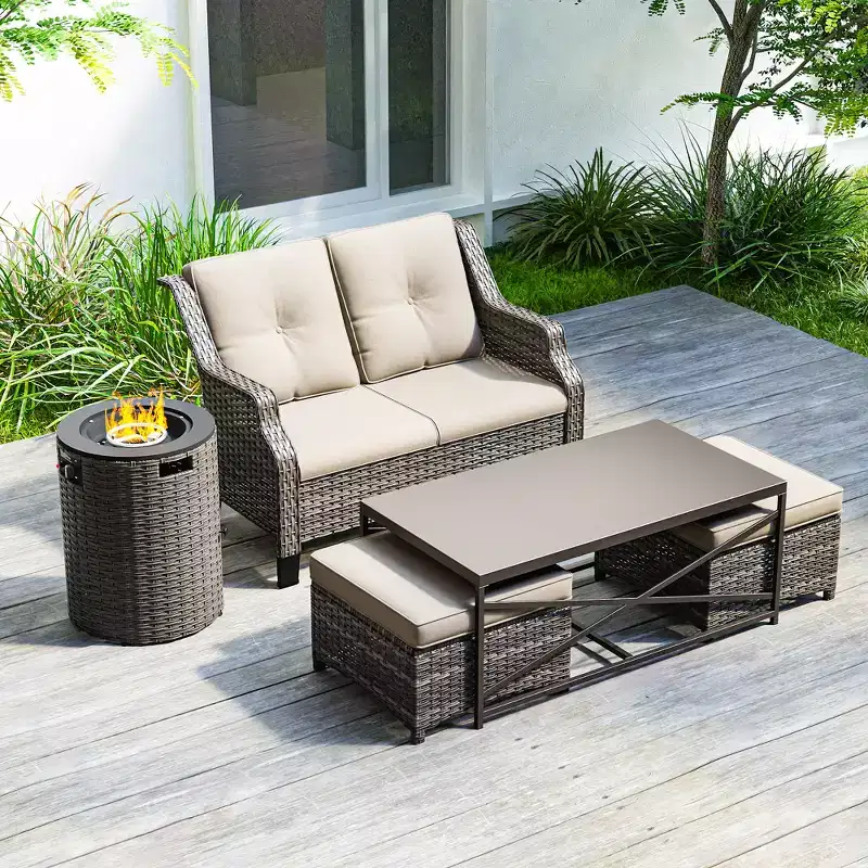 UPTIOT Outdoor Lounge Set with Fire Pit & Ottoman Seating