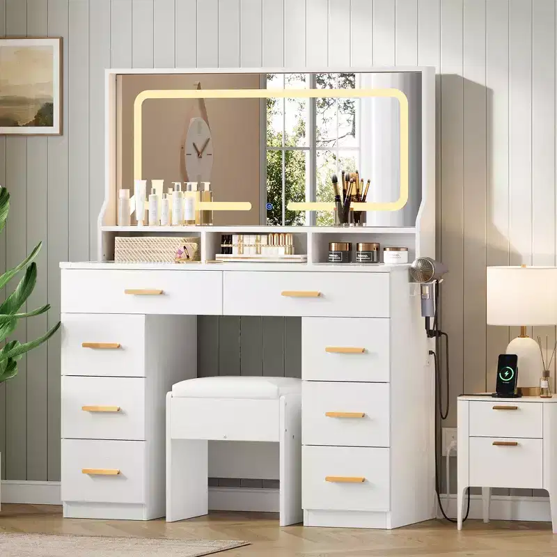 Vanity Desk with Mirror, Makeup Dresser for Bedroom, 8 Drawers, Modern Dressing Table Set for Bedroom