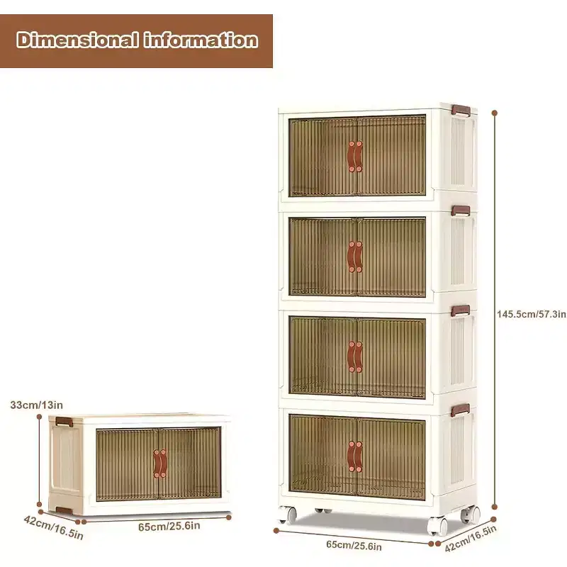 Stackable 4-Layer Storage Boxes, Plastic Storage Cabinet Capacity, with Door and Wheels for Storing Food, Toys in the Bedroom and Living Room