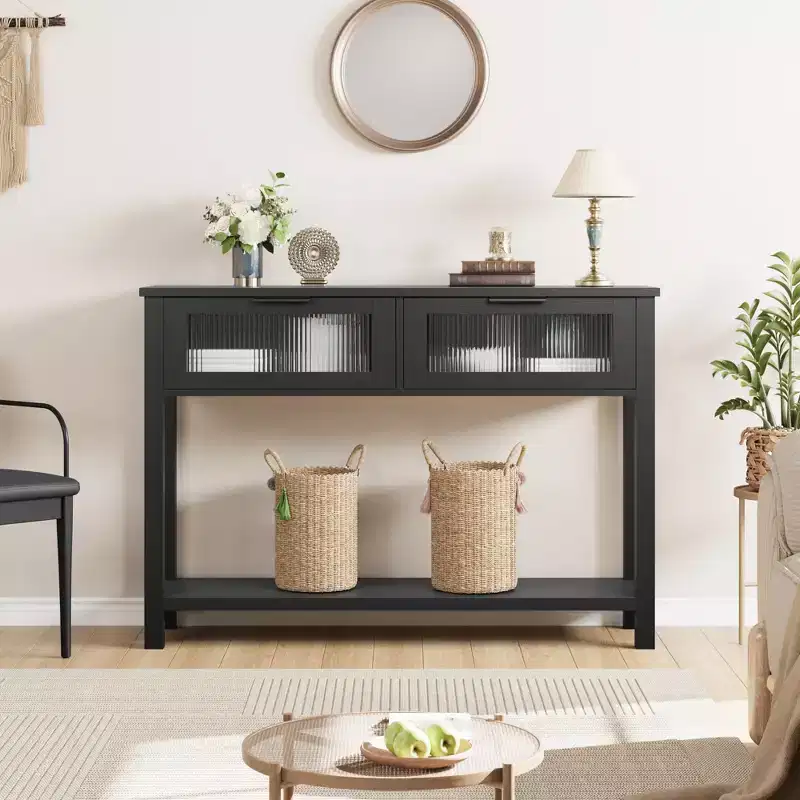 43 Inch Entryway Table, Wood Console Table with 2 Glass Drawers, 2 Tier Sofa Table with Storage for Living Room, Foyer Tables for Entryway