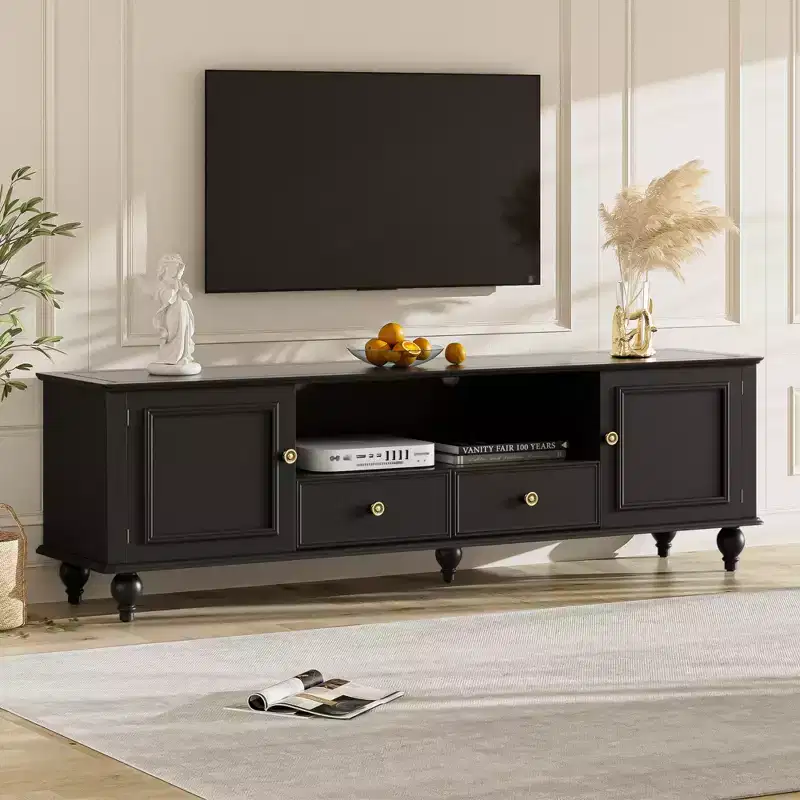 Modern TV Stand with Open Compartment for 80 TV, TV Storage Cabinet Table with Drawers, Media Console Table with Solid Legs for Living Room