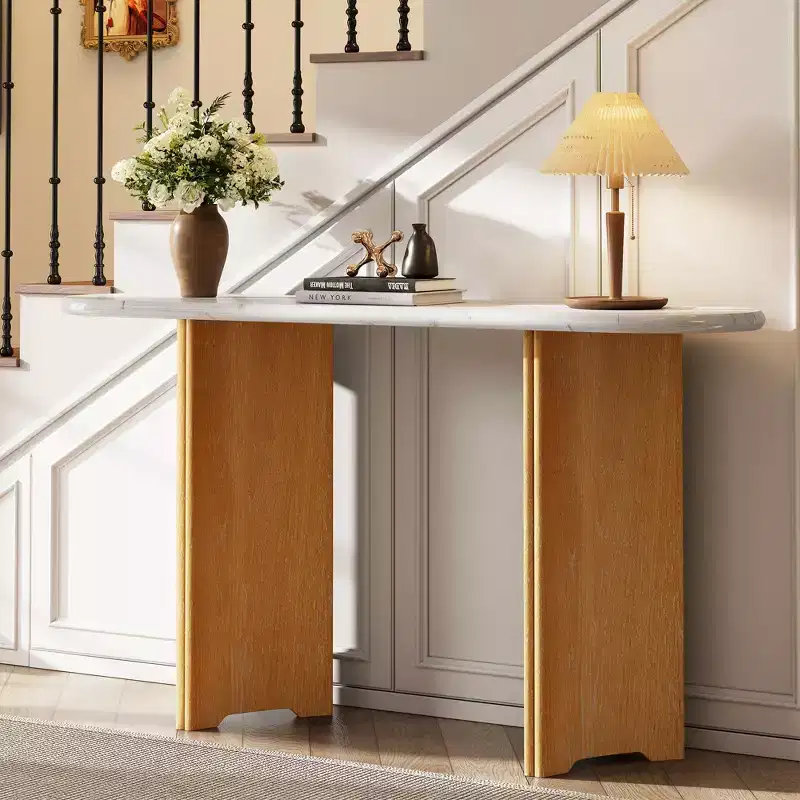 Narrow Console Table with Oval Faux Marble Top & Curved Legs – Natural White