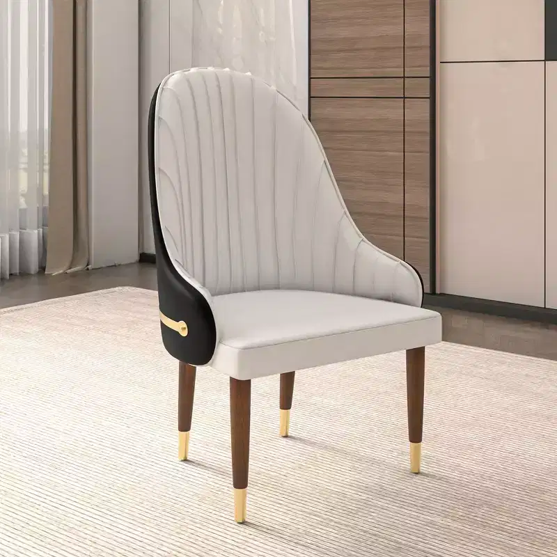 LeisureMod Elara Collection High-Back Dining Chair  Leather Upholstery with Ripple Back Design, Rubberwood Frame and Gold Accents for Dining Room