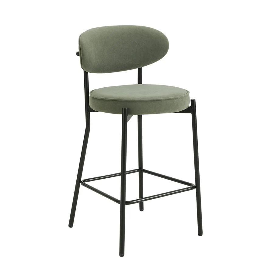 Contemporary Sage Green Matte Velvet Barstool with Rounded Back for Kitchen