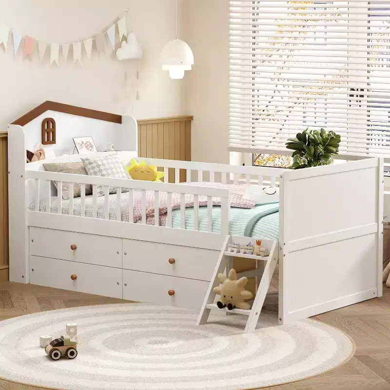 Twin Bed Frame with 4 Storage Drawers, Wood Platform Bed with Guardrail, Headboard and Ladder, White