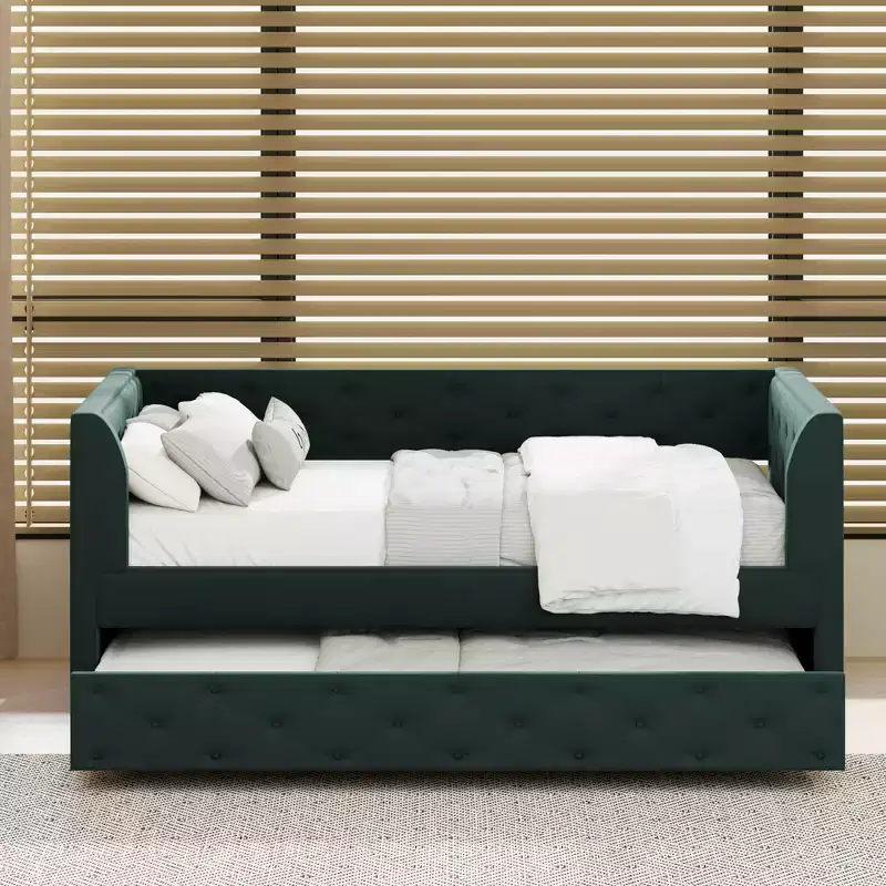 Velvet Upholstered Twin Size Daybed with Trundle Platform Bed Frame with Armrest for Living Room, Green