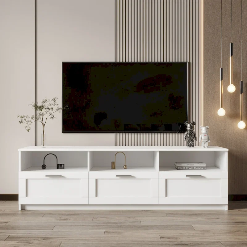 70-Inch TV Stand with Open Shelves and Drawers — White