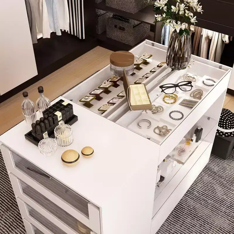 Glass-Top Closet Organizer White Dressing Island Ample Storage Dresser Display Storage Cabinet Closet Vanity Island Storage Beauty Organizer