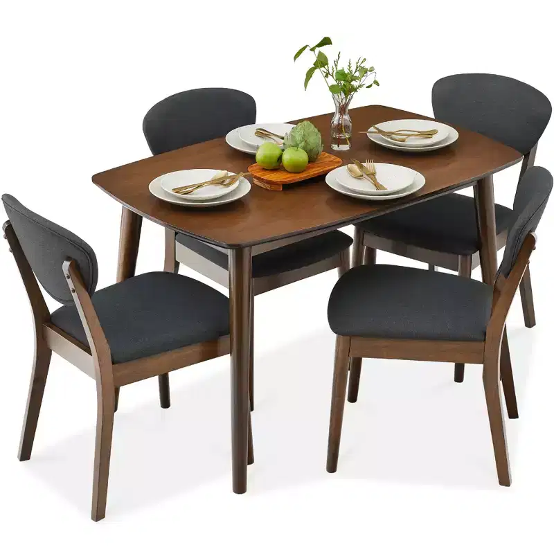 Compact Wooden Mid-Century Modern Dining Set w/ 4 Chairs, Padded Seat & Back