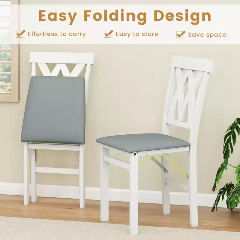 Costway Folding Kitchen Chairs Set of 2/4 with Rubber Wood Frame Padded Seat with PVC Leather White/Brown
