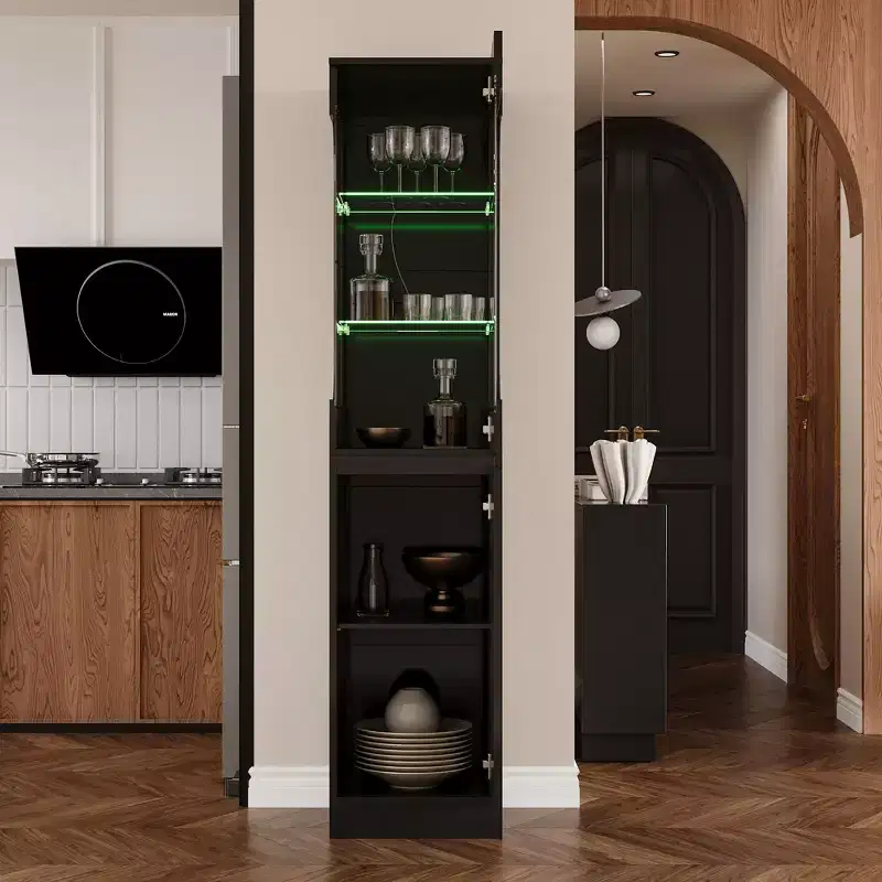Famapy Black Tall Display Cabinet Accent Cabinet with LED Lights - Modern Storage for Glassware & Decor