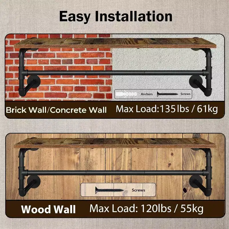 Home Collection Industrial Pipe Wall Mounted Clothes Rack with Top Shelf