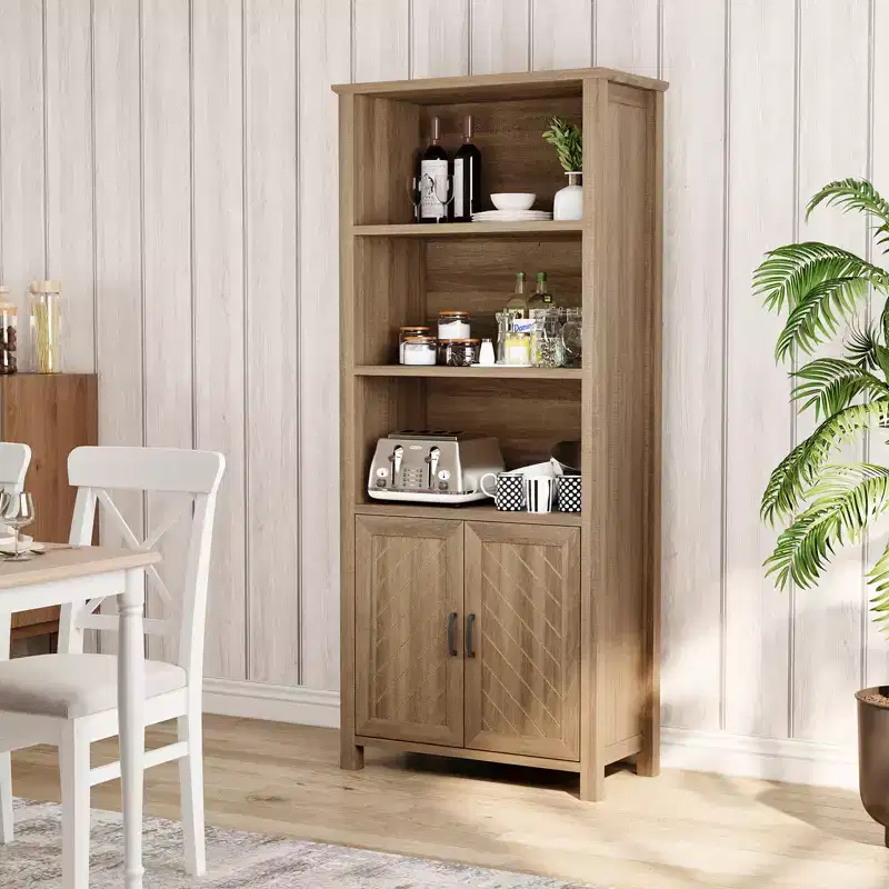 3-Tier Bookshelf, 70'' Tall Bookcase with Doors, Farmhouse Storage Cabinet with Adjustable Shelf and Stable Leg, Floor Standing Display Bookshelves