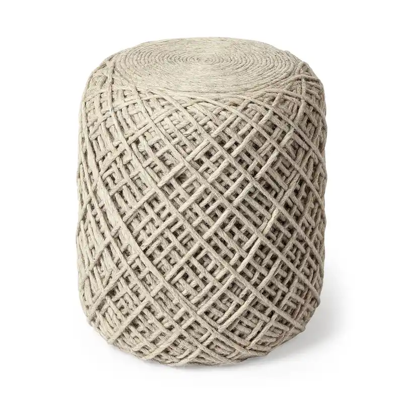 Handwoven Brown Wool Round Pouf with Diamond Weave Pattern