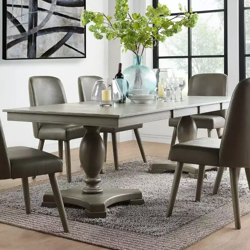 60~96 Waylon Dining Table Gray Oak - Acme Furniture: Kitchen Table for 6, Double Pedestal