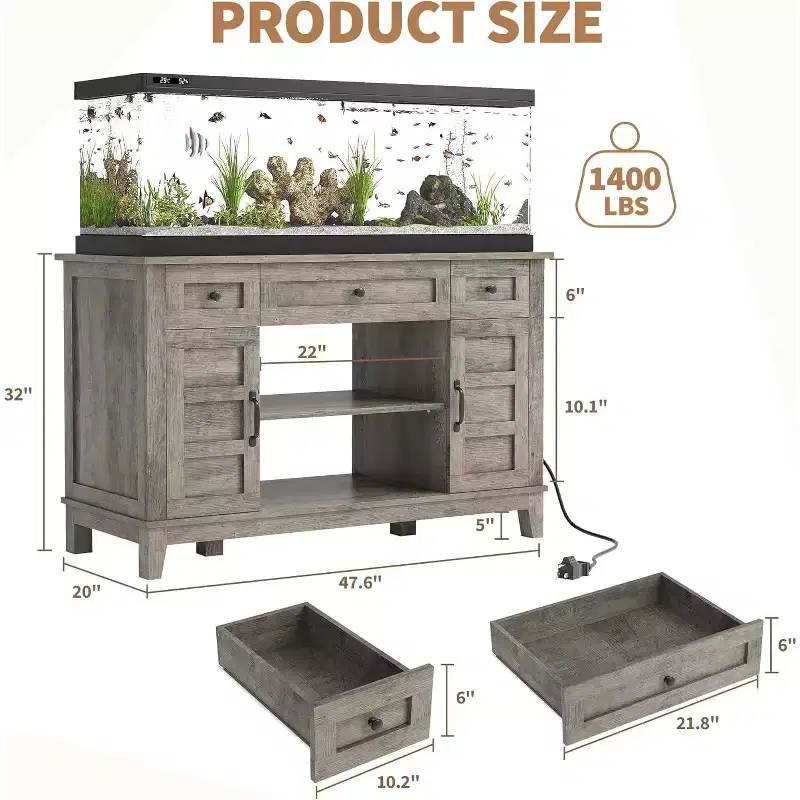 55-75 Gallon Aquarium Stand with Power Outlet, 3 Drawers & Cabinets, 1400 lbs, Farmhouse