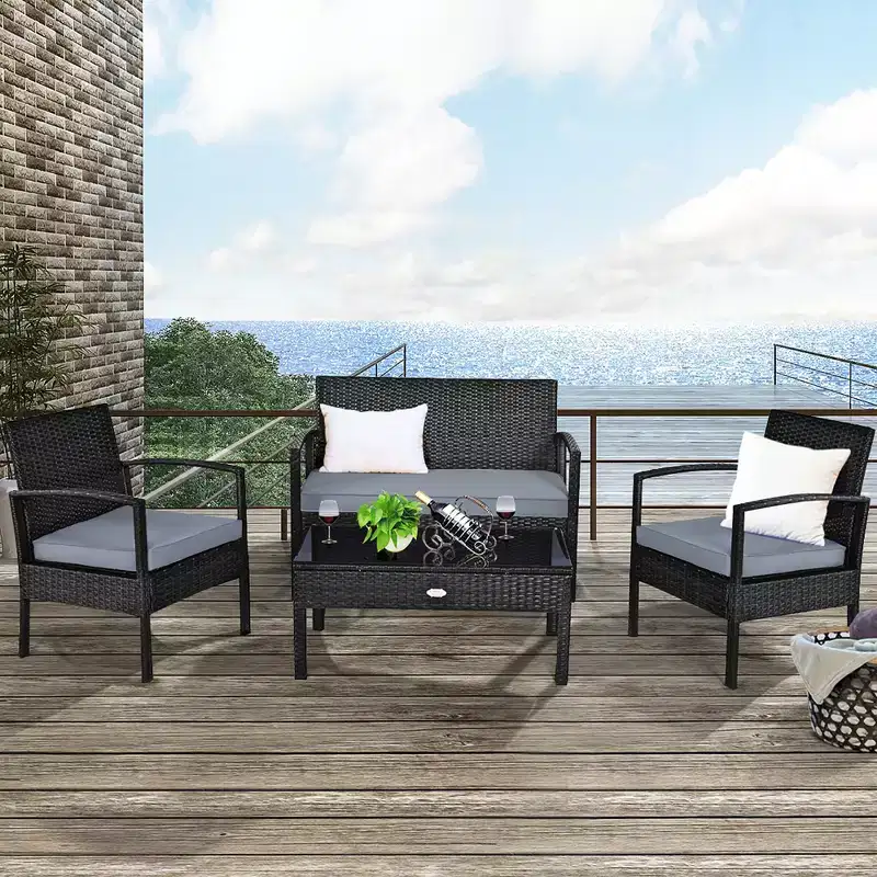 Costway 4PCS Patio Rattan Wicker Furniture Set Loveseat Sofa Cushioned Garden Yard Brown/Grey