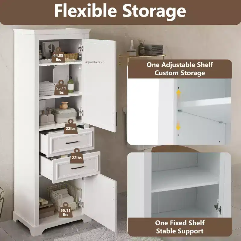 71 Bathroom Storage Cabinet, Freestanding Floor Storage Cabinet With Adjustable Shelf & Drawers, Wood Kitchen Pantry Storage Cabinet For Living Room