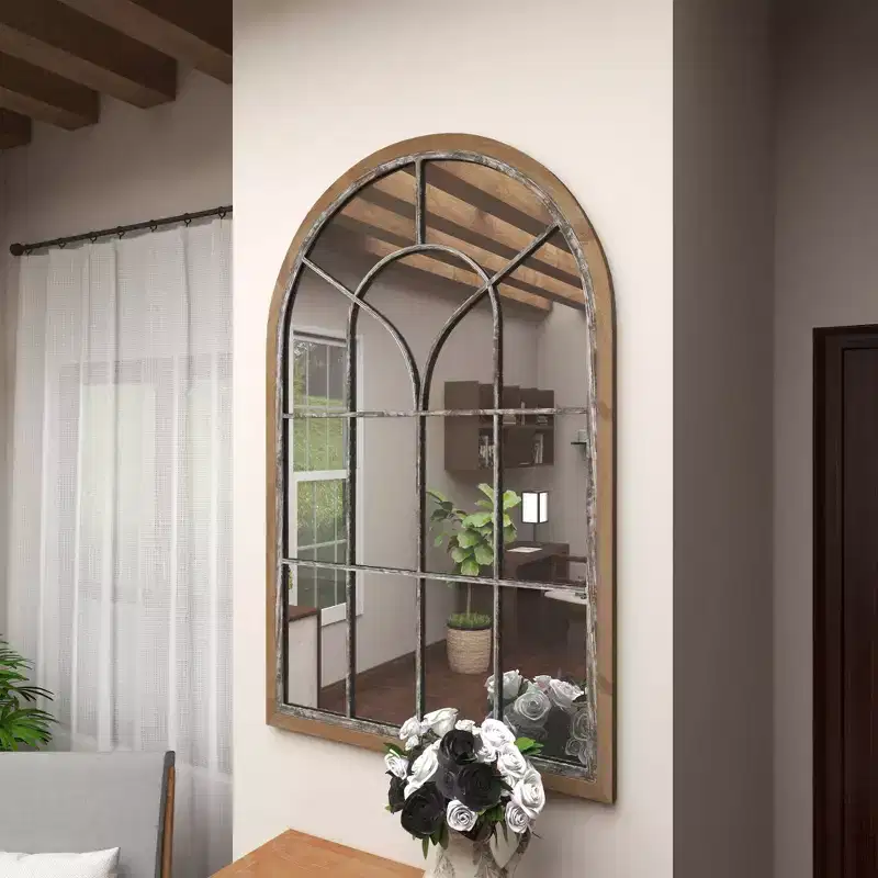 Glass Window Pane Inspired Wood Wall Mirror with Arched Top, Brown, Distressed Whitewash Finish