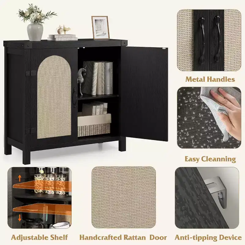 Sideboard with storage functionality, bohemian-style farmhouse sideboard featuring adjustable shelves and handles, suitable for kitchens